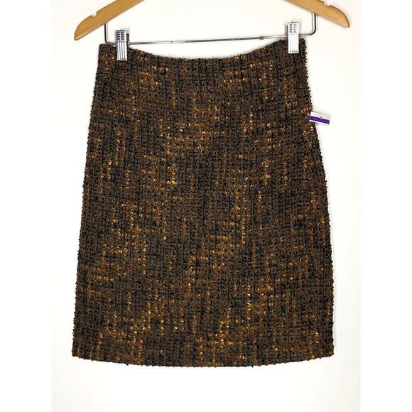 Amanda + Chelsea Boucle Tweed Skirt Modern Fit Pencil Mini Brown Gold NWT XS - Picture 3 of 9